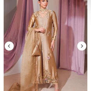 Pakistani Elegant Gold Embroidered Long Dress with Dupatta
